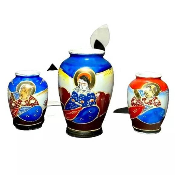 Vintage Occupied Japan Satsuma Moirage Porcelain Bone China Mini Vases Set Of 3 - Picture 1 of 12